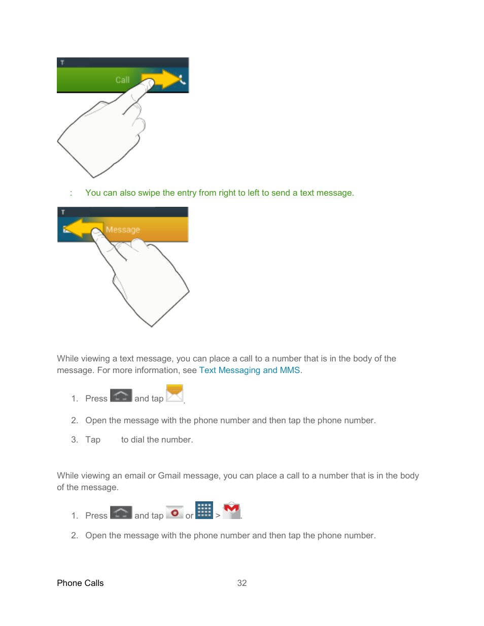 Call a number in a text message, Call a number in an email message | Samsung SPH-L300ZSASPR User Manual | Page 43 / 217