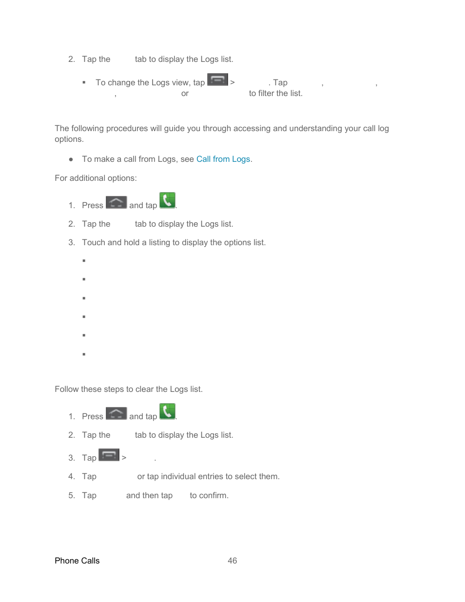 Logs options, Clear logs | Samsung SPH-L300ZSASPR User Manual | Page 57 / 217