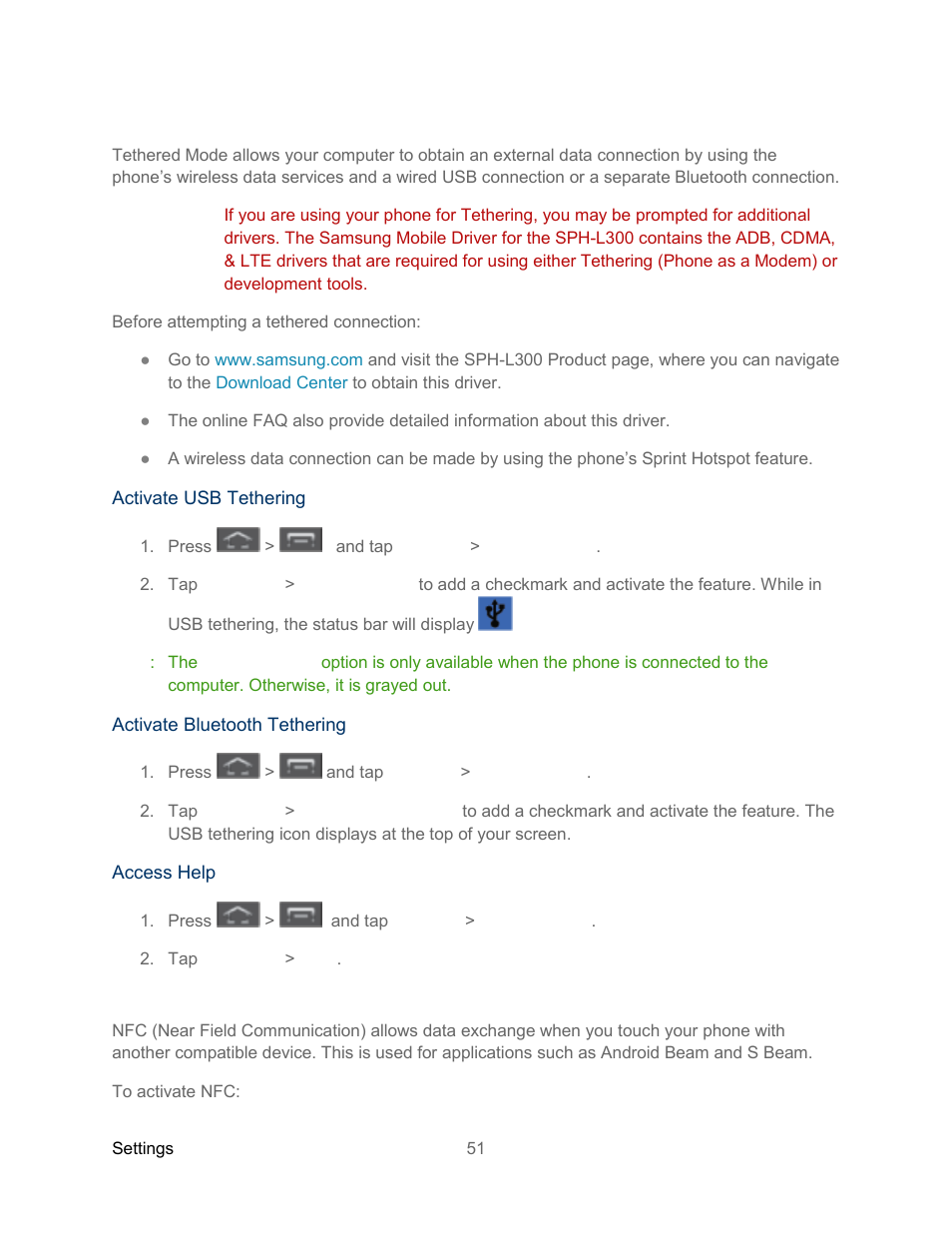 Tethering | Samsung SPH-L300ZSASPR User Manual | Page 62 / 217