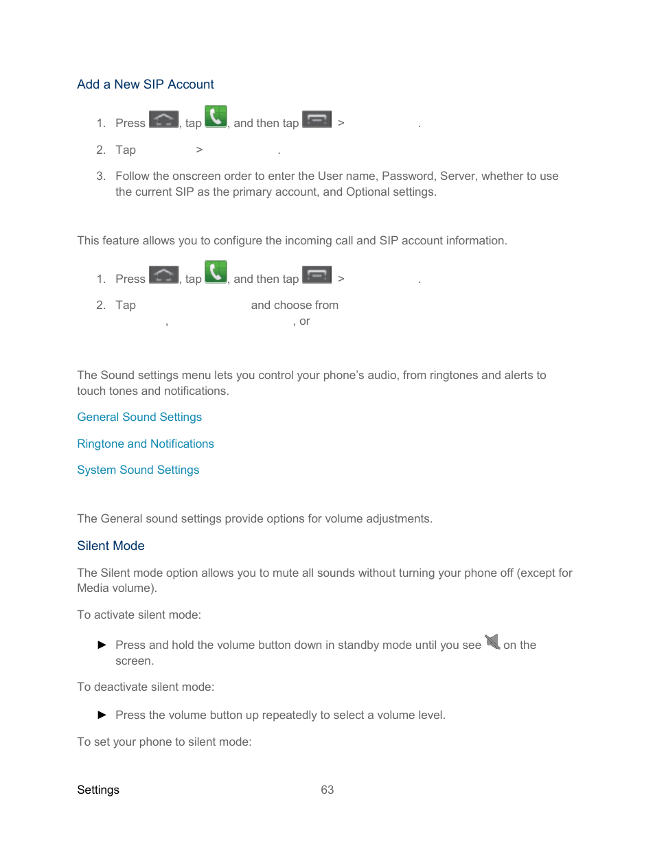 Use internet calling, Sound settings, General sound settings | Samsung SPH-L300ZSASPR User Manual | Page 74 / 217