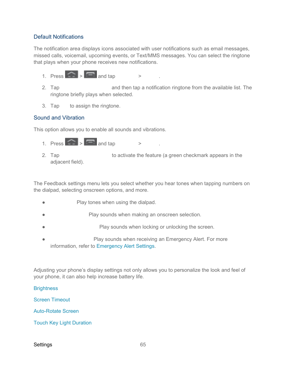 System sound settings, Display settings | Samsung SPH-L300ZSASPR User Manual | Page 76 / 217