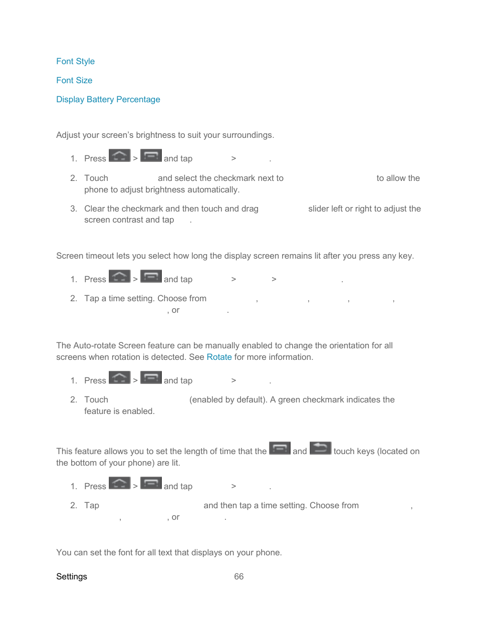 Brightness, Screen timeout, Auto-rotate screen | Touch key light duration, Font style, Screen, Timeout | Samsung SPH-L300ZSASPR User Manual | Page 77 / 217