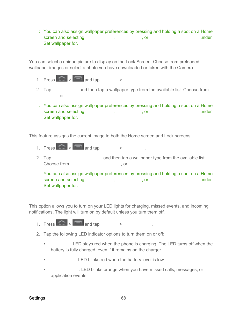 Lock screen wallpaper, Home and lock screens wallpaper, Led indicator settings | Samsung SPH-L300ZSASPR User Manual | Page 79 / 217