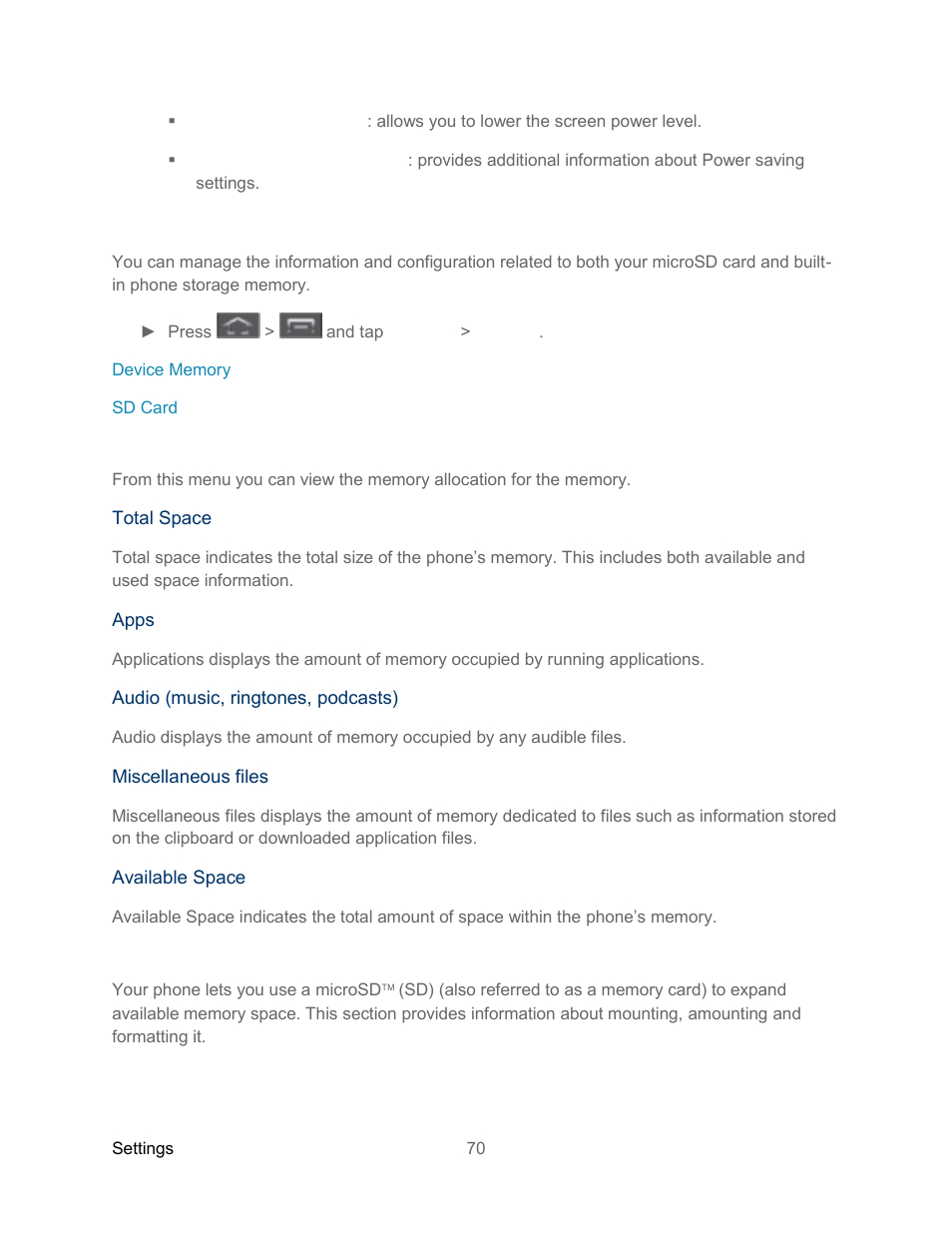 Storage settings, Device memory, Sd card | Samsung SPH-L300ZSASPR User Manual | Page 81 / 217