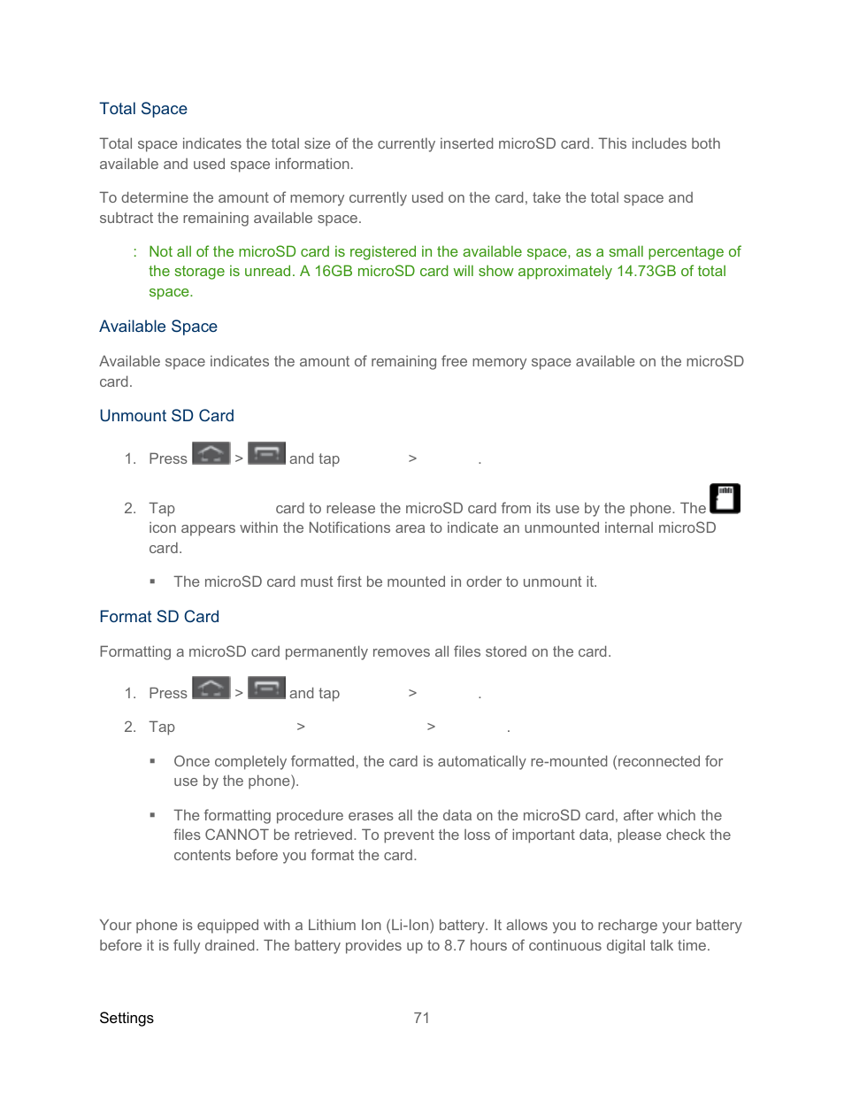 Battery settings | Samsung SPH-L300ZSASPR User Manual | Page 82 / 217