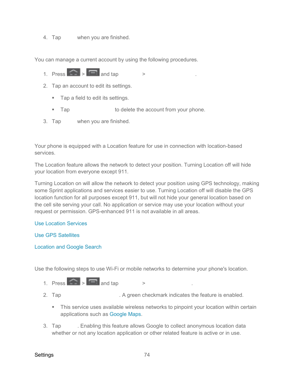 Manage existing accounts, Location services settings, Use location services | Samsung SPH-L300ZSASPR User Manual | Page 85 / 217