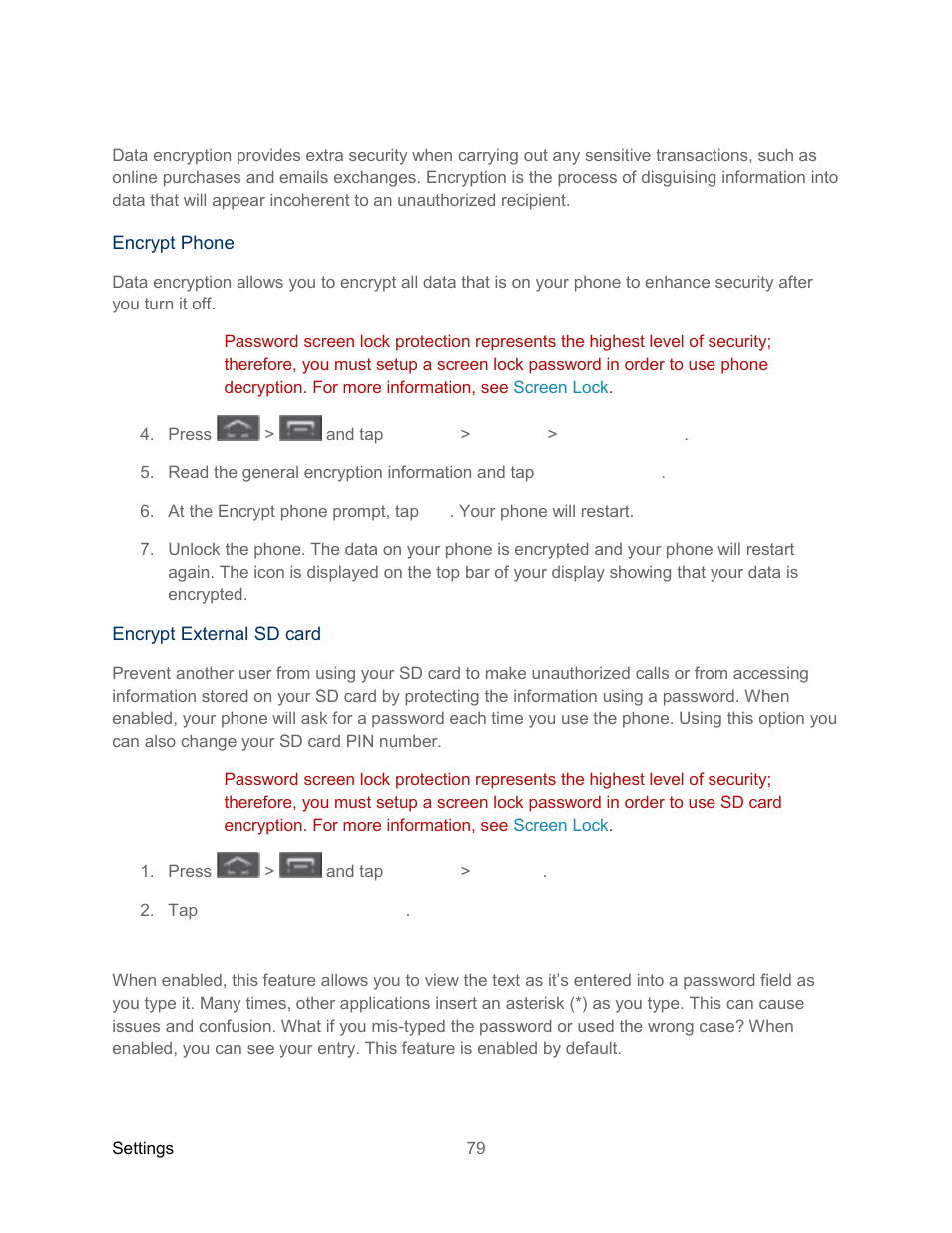 Encryption, Make passwords visible | Samsung SPH-L300ZSASPR User Manual | Page 90 / 217
