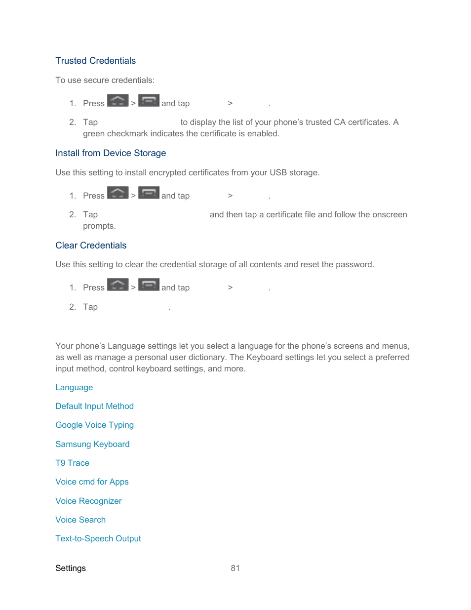 Language and input settings | Samsung SPH-L300ZSASPR User Manual | Page 92 / 217