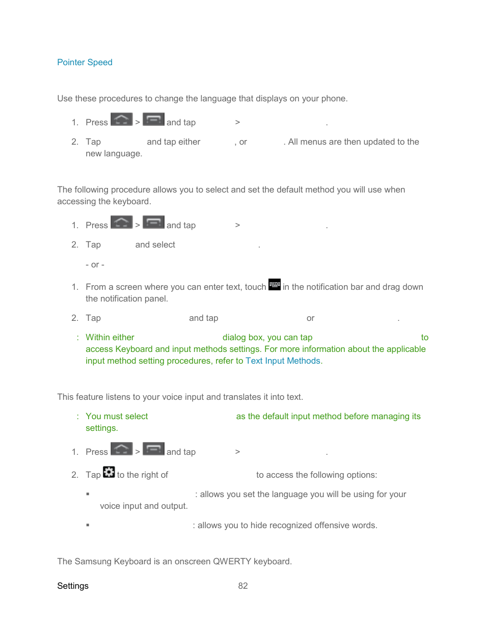 Language, Default input method, Google voice typing | Samsung keyboard | Samsung SPH-L300ZSASPR User Manual | Page 93 / 217