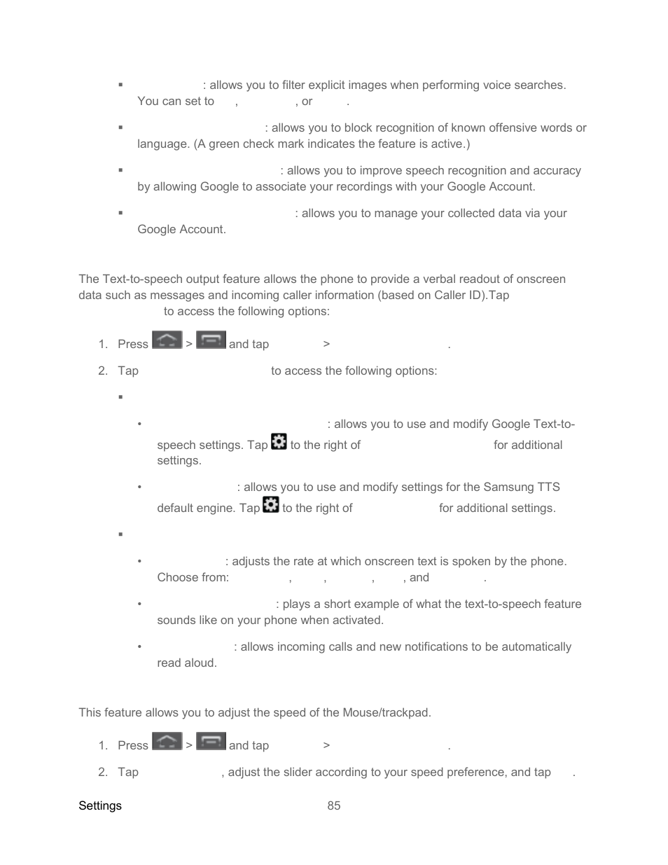 Text-to-speech output, Pointer speed | Samsung SPH-L300ZSASPR User Manual | Page 96 / 217