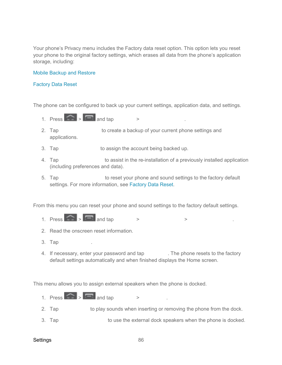 Back up and reset settings, Mobile backup and restore, Factory data reset | Accessory settings | Samsung SPH-L300ZSASPR User Manual | Page 97 / 217