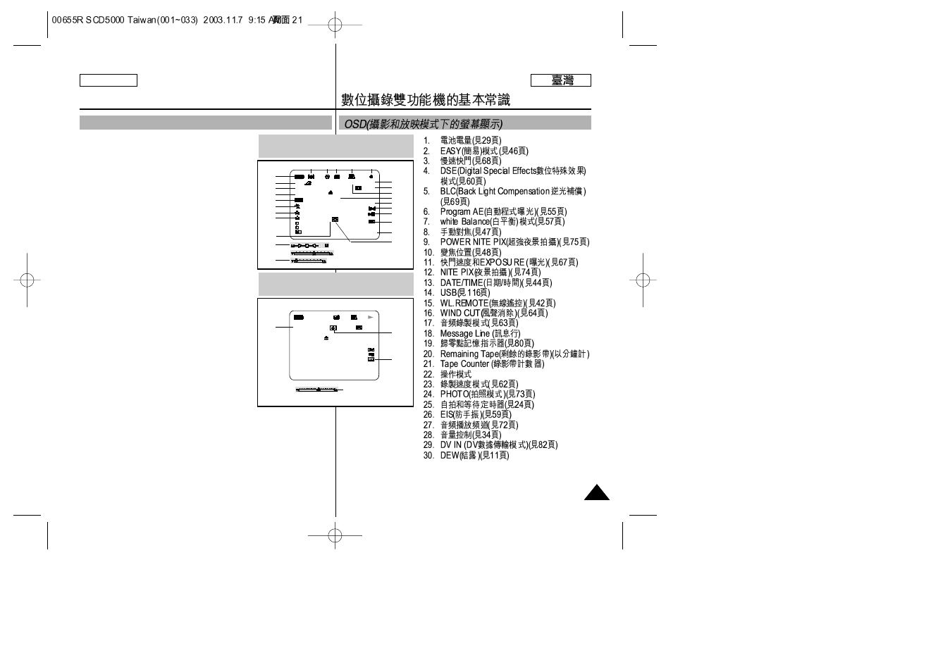 Getting to know your device, Osd (on screen display in camera and player modes), English | Osd in camcorder mode, Osd in tape play mode | Samsung SC-D5000-XAC User Manual | Page 21 / 128