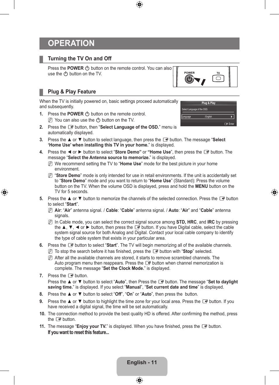 Operation, Turning the tv on and off, Plug & play feature | Samsung LS23EMNKUY-ZA User Manual | Page 13 / 79