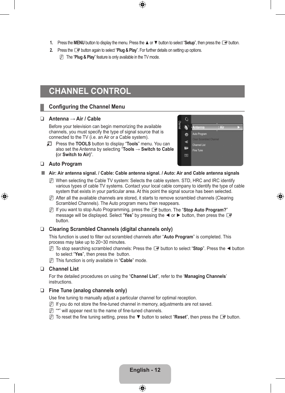 Channel control, Configuring the channel menu | Samsung LS23EMNKUY-ZA User Manual | Page 14 / 79