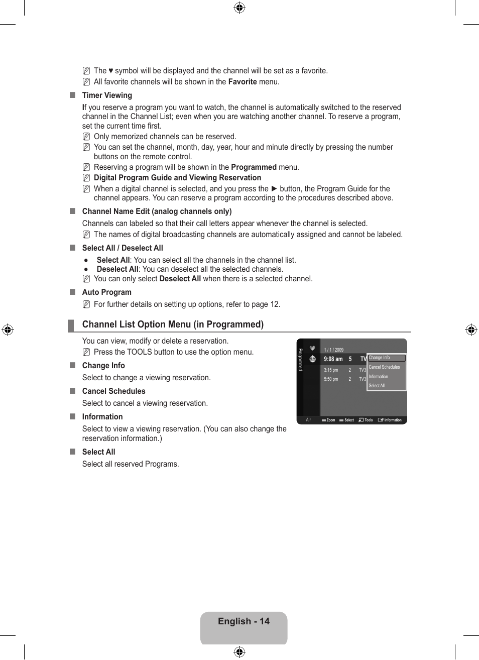 Channel list option menu (in programmed) | Samsung LS23EMNKUY-ZA User Manual | Page 16 / 79
