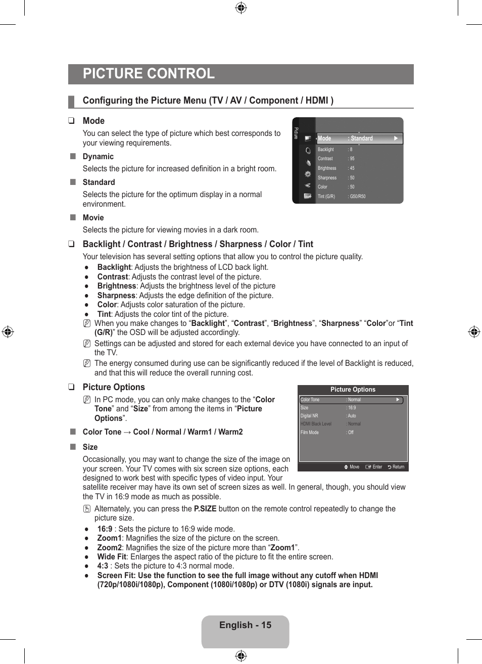 Picture control | Samsung LS23EMNKUY-ZA User Manual | Page 17 / 79