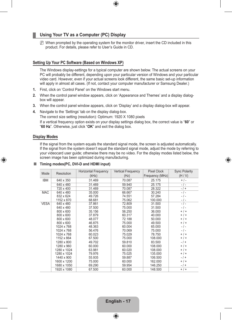 Using your tv as a computer (pc) display, English - 17, Setting up your pc software (based on windows xp) | Display modes | Samsung LS23EMNKUY-ZA User Manual | Page 19 / 79