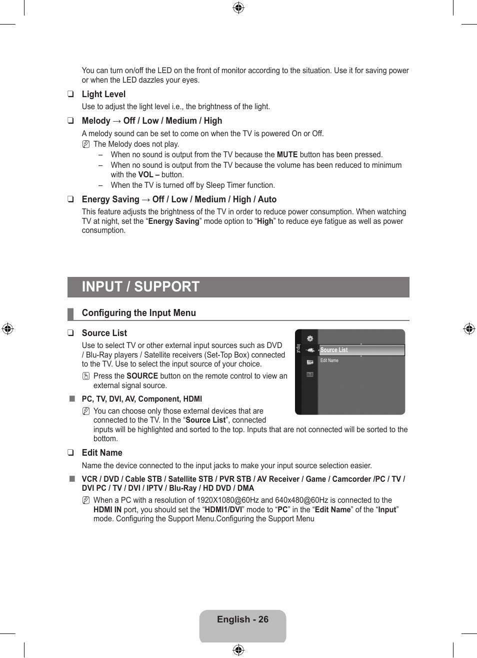 Input / support, Configuring the input menu | Samsung LS23EMNKUY-ZA User Manual | Page 28 / 79