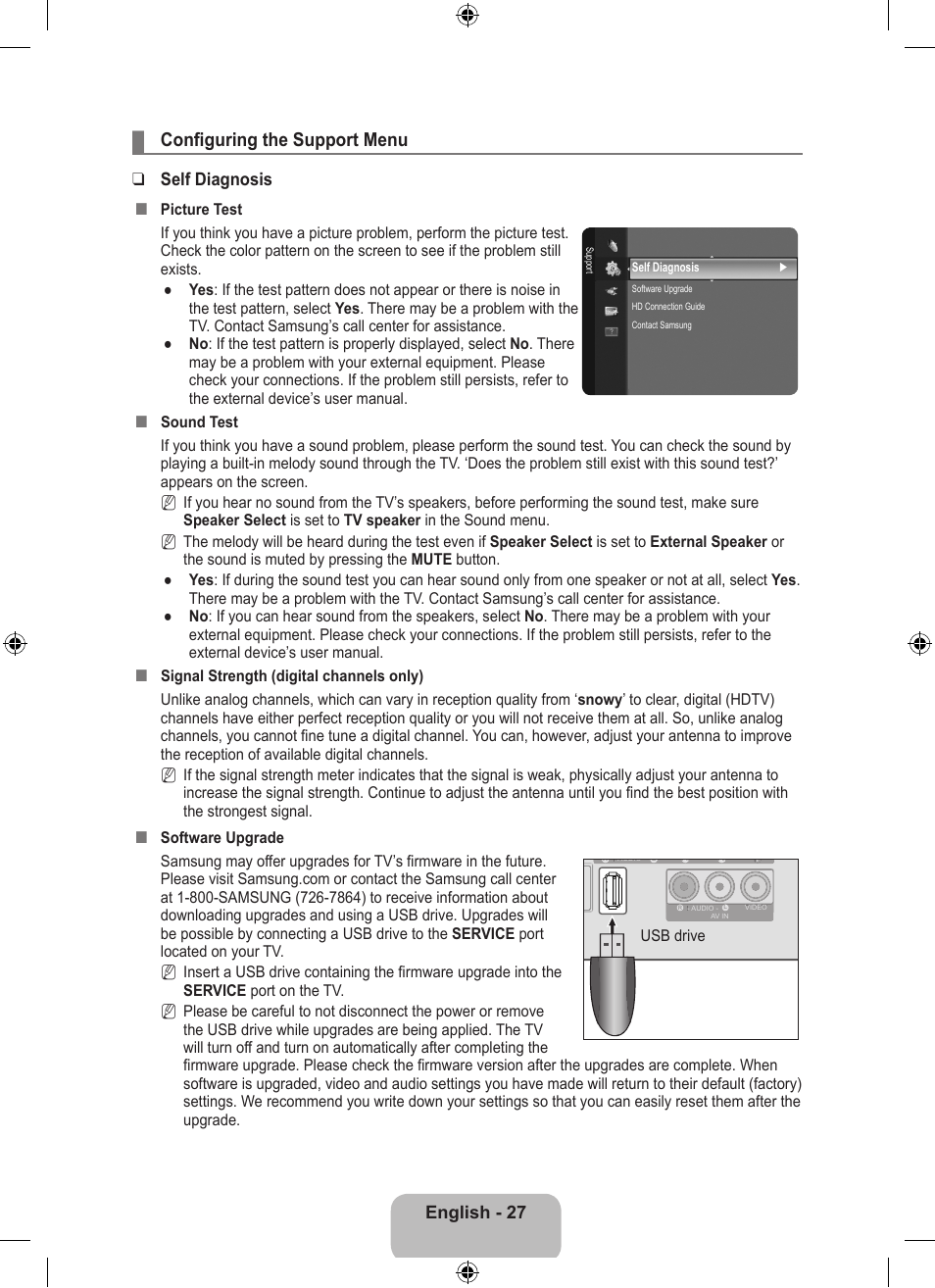 Configuring the support menu, English - 27, Self diagnosis | Usb drive | Samsung LS23EMNKUY-ZA User Manual | Page 29 / 79