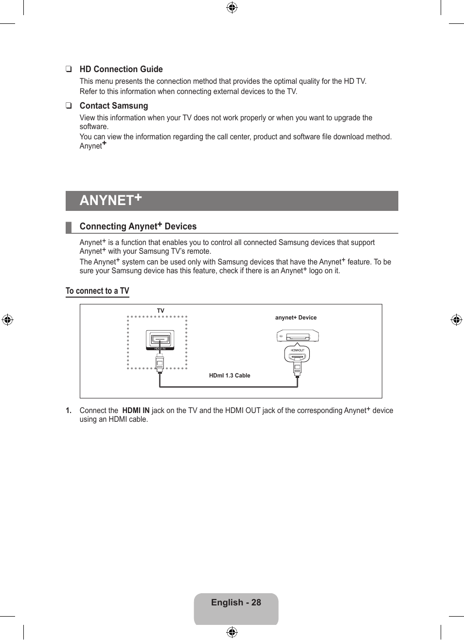 Anynet, Connecting anynet+ devices, Connecting anynet ¦ + devices | English - 28 hd connection guide, Contact samsung | Samsung LS23EMNKUY-ZA User Manual | Page 30 / 79