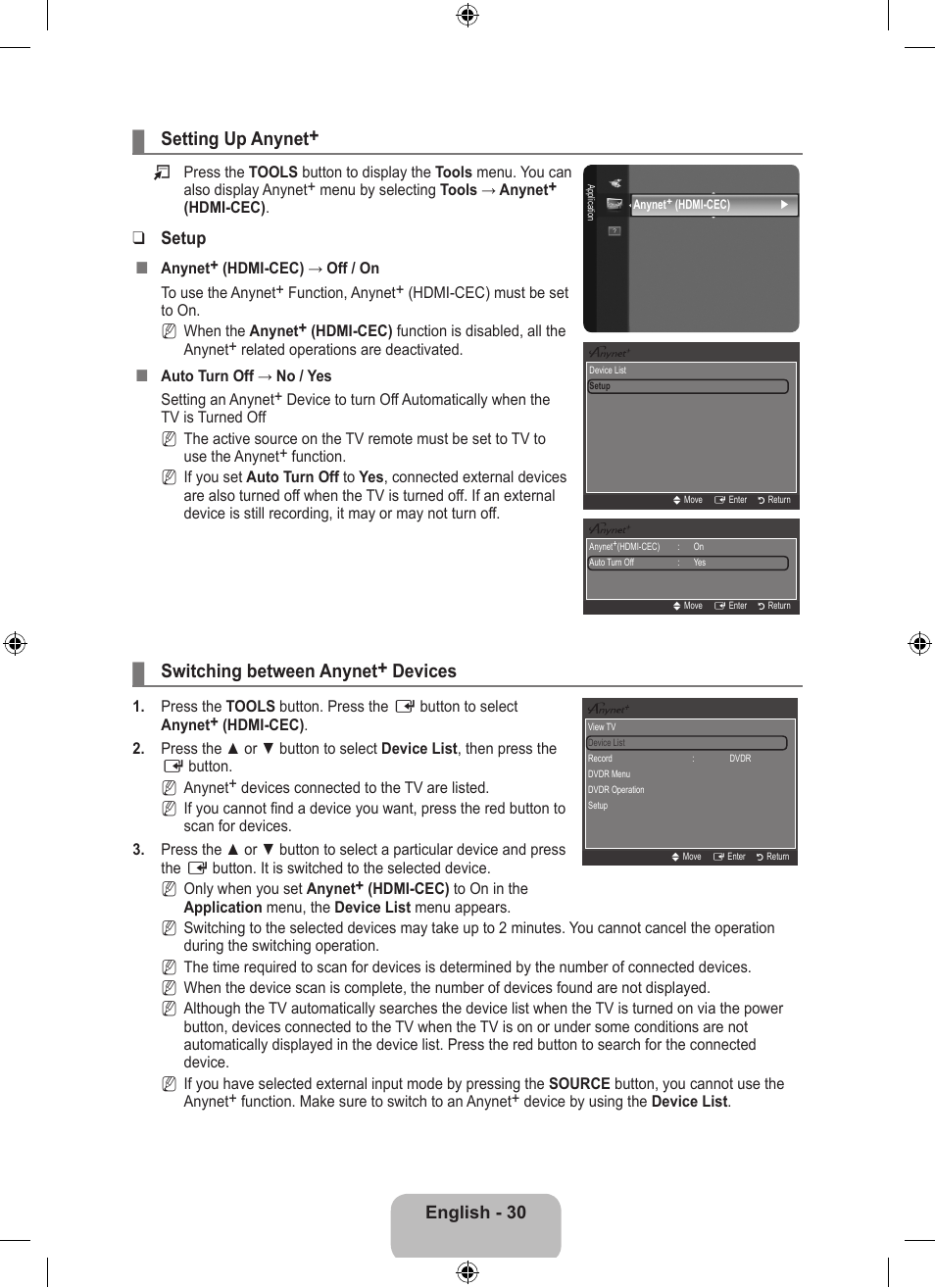 Setting up anynet, Switching between anynet+ devices, Switching between anynet ¦ + devices | English - 30, Setup | Samsung LS23EMNKUY-ZA User Manual | Page 32 / 79