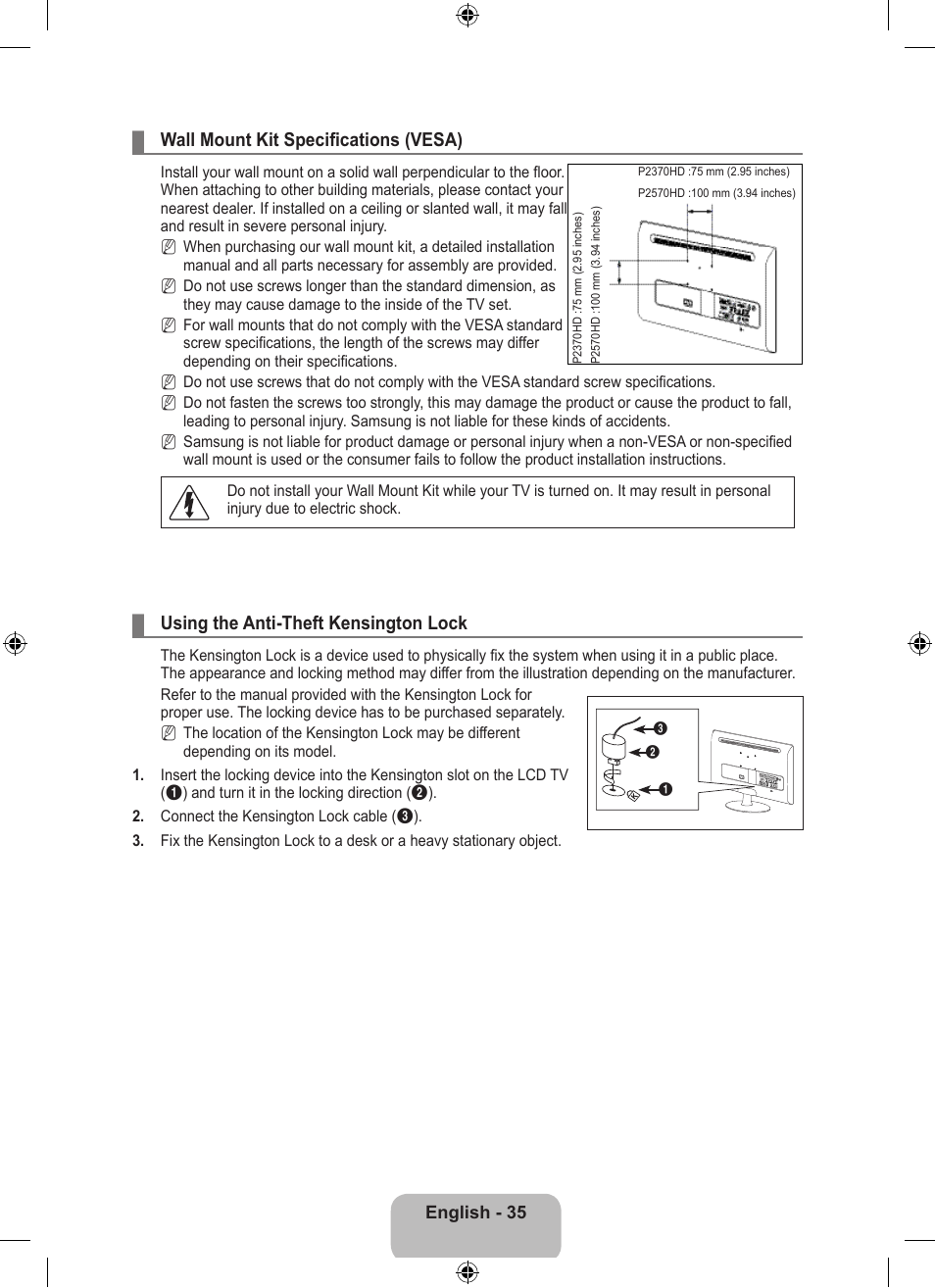 Wall mount kit specifications (vesa), Using the anti-theft kensington lock | Samsung LS23EMNKUY-ZA User Manual | Page 37 / 79