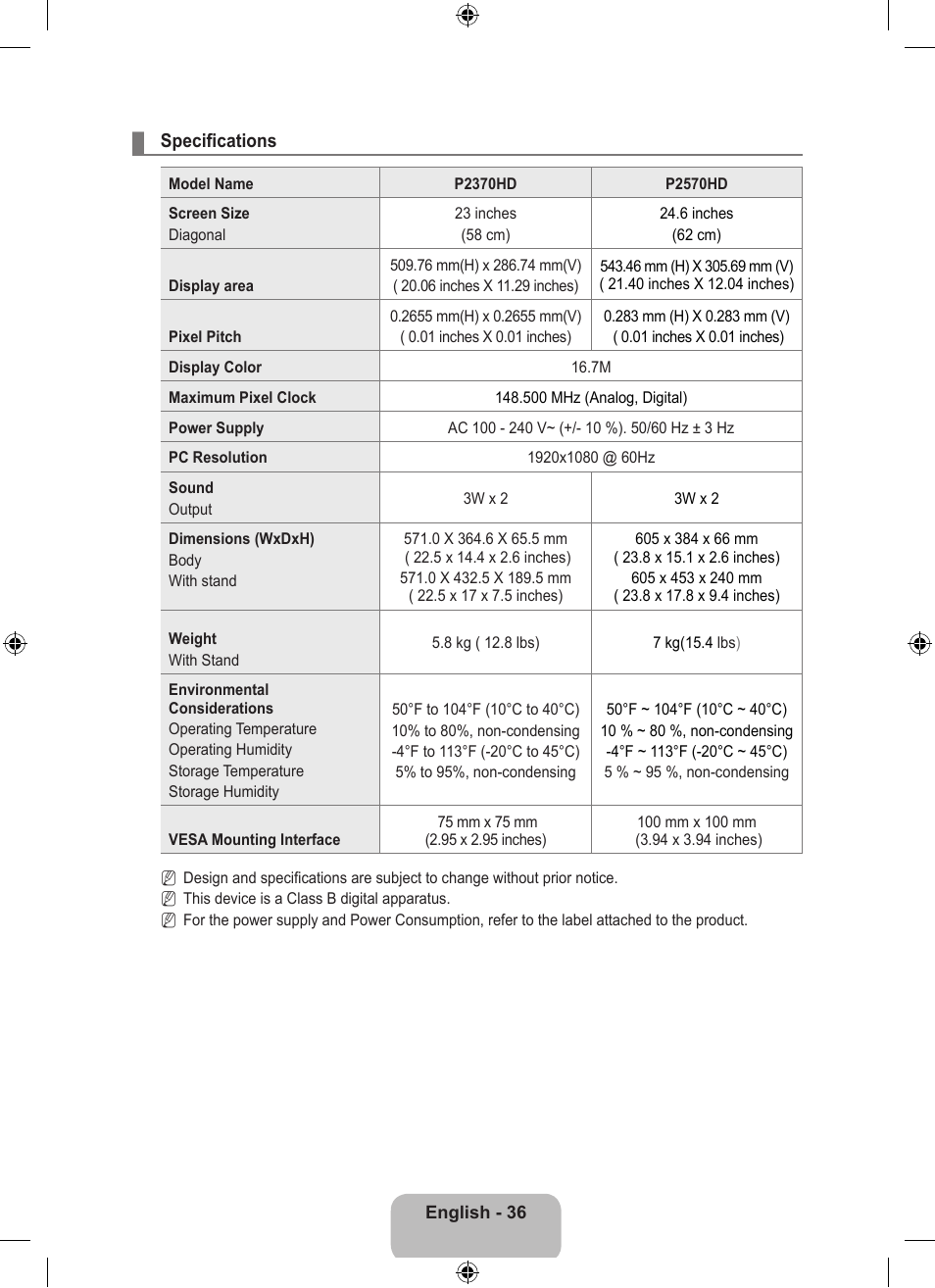 Specifications | Samsung LS23EMNKUY-ZA User Manual | Page 38 / 79