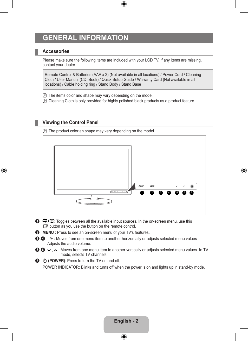 General information, Accessories, Viewing the control panel | Samsung LS23EMNKUY-ZA User Manual | Page 4 / 79