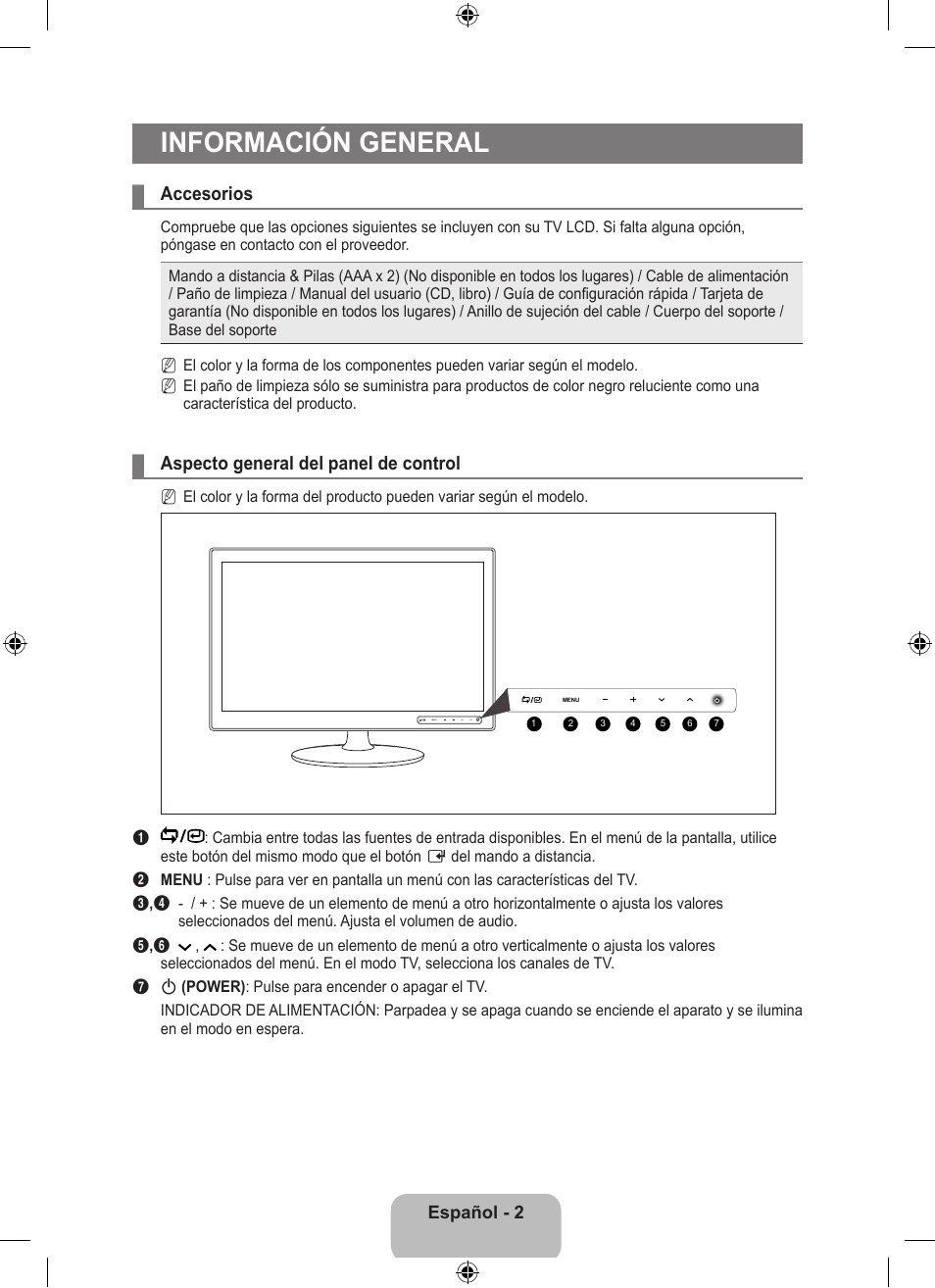 Información general, Accesorios, Aspecto general del panel de control | Español - 2 | Samsung LS23EMNKUY-ZA User Manual | Page 42 / 79