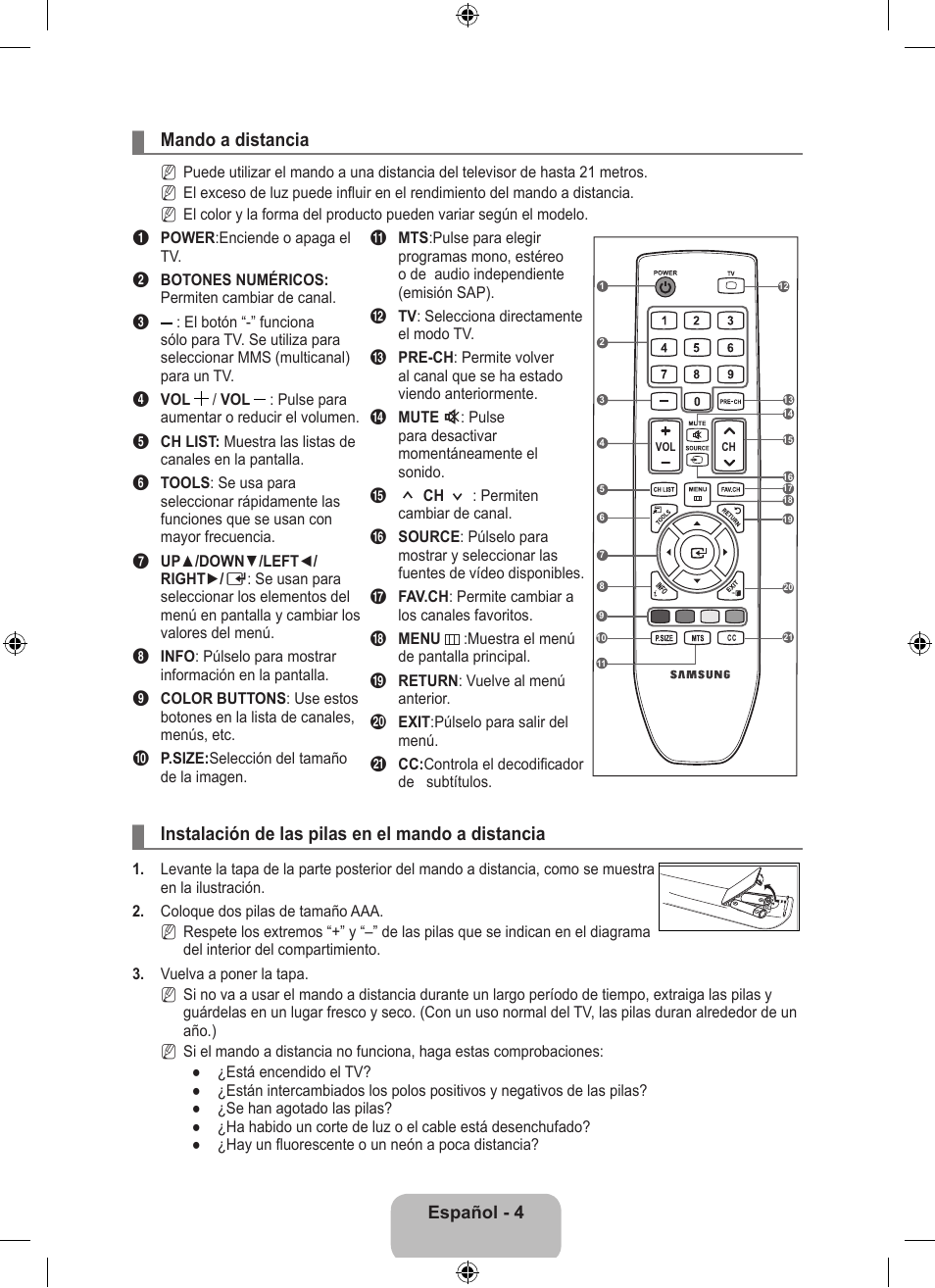 Mando a distancia, Instalación de las pilas en el mando a distancia | Samsung LS23EMNKUY-ZA User Manual | Page 44 / 79
