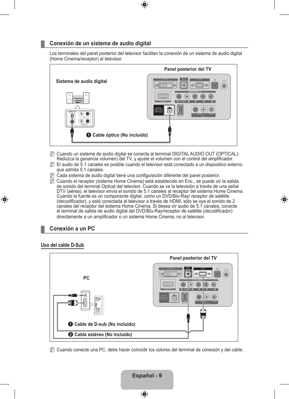 Conexión de un sistema de audio digital, Conexión a un pc, Español - 9 | Uso del cable d-sub | Samsung LS23EMNKUY-ZA User Manual | Page 49 / 79