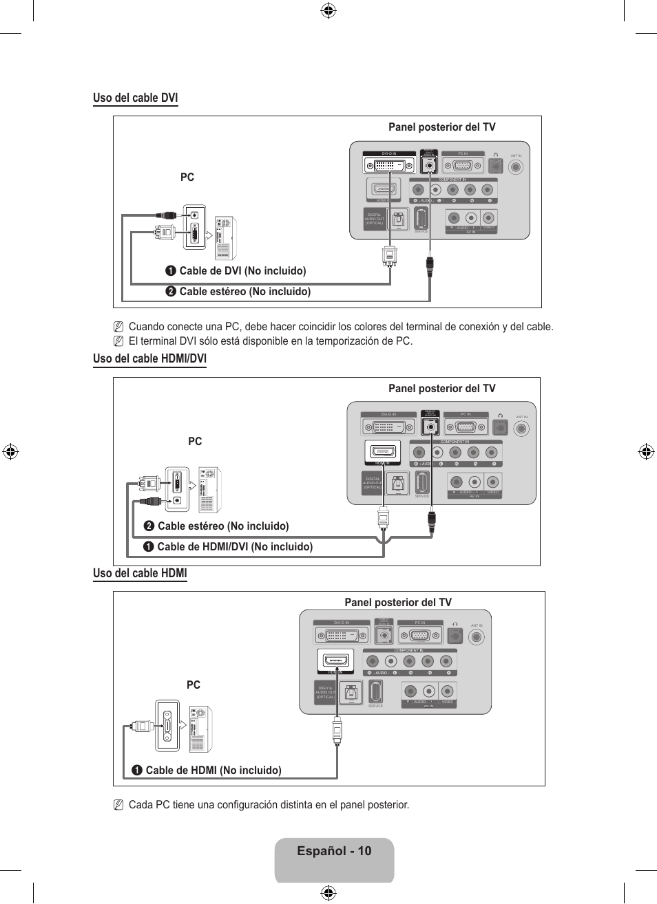 Español - 10 uso del cable dvi, Uso del cable hdmi/dvi, Uso del cable hdmi | Samsung LS23EMNKUY-ZA User Manual | Page 50 / 79