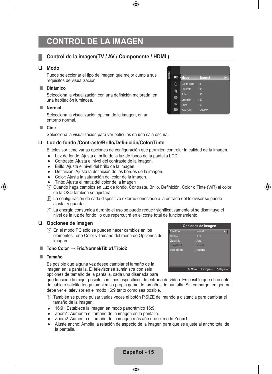 Control de la imagen, Control de la imagen(tv / av / componente / hdmi ) | Samsung LS23EMNKUY-ZA User Manual | Page 55 / 79