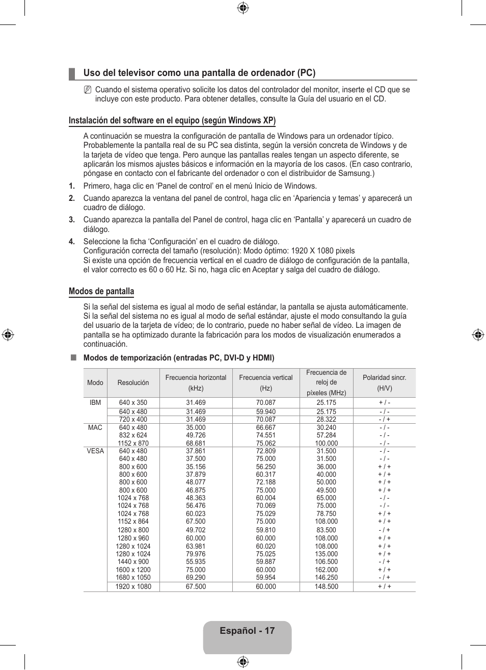 Español - 17, Modos de pantalla | Samsung LS23EMNKUY-ZA User Manual | Page 57 / 79