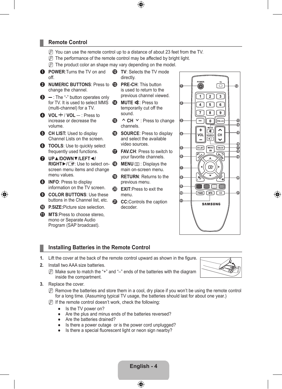 Remote control, Installing batteries in the remote control | Samsung LS23EMNKUY-ZA User Manual | Page 6 / 79