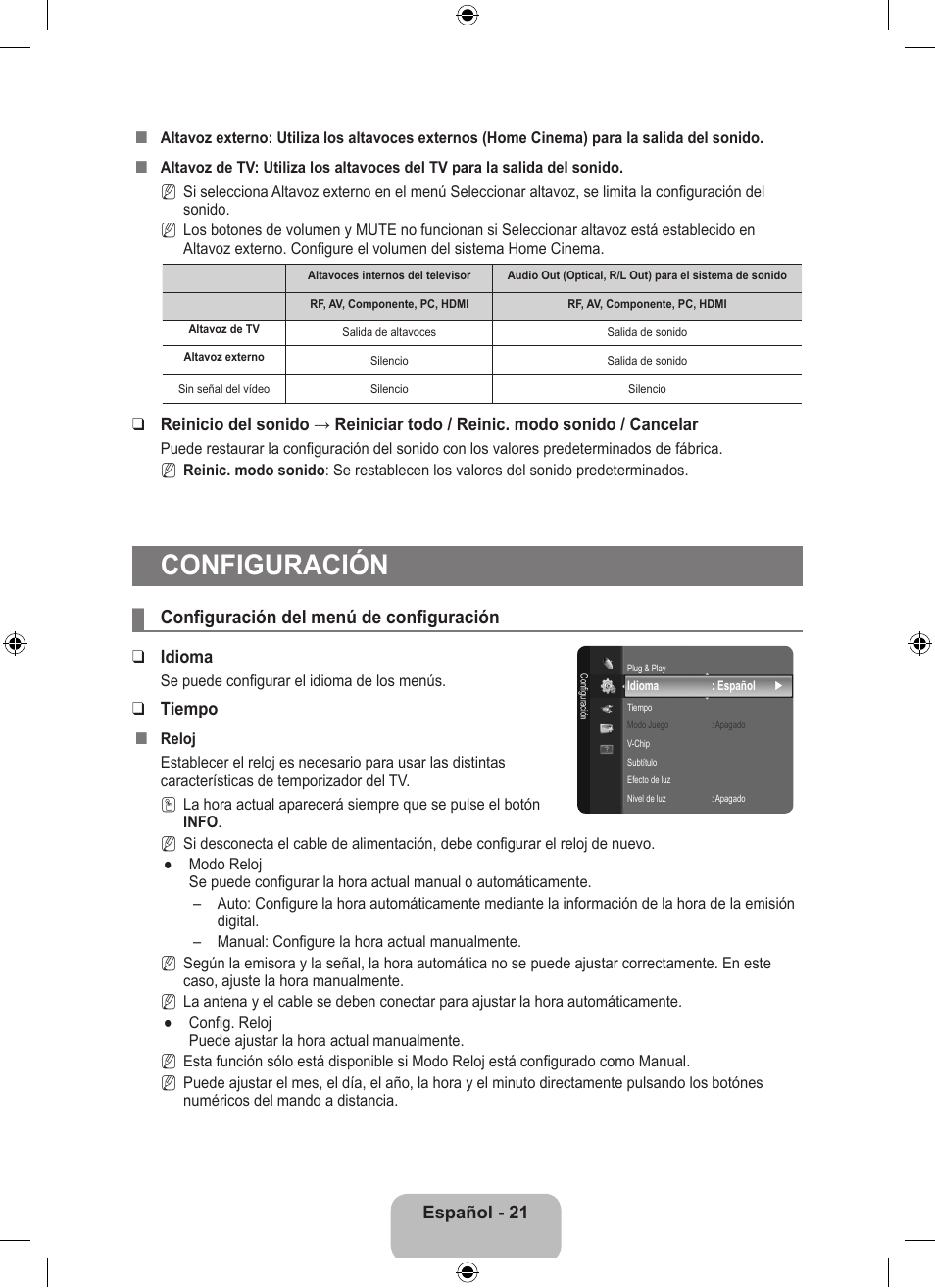 Configuración, Configuración del menú de configuración | Samsung LS23EMNKUY-ZA User Manual | Page 61 / 79