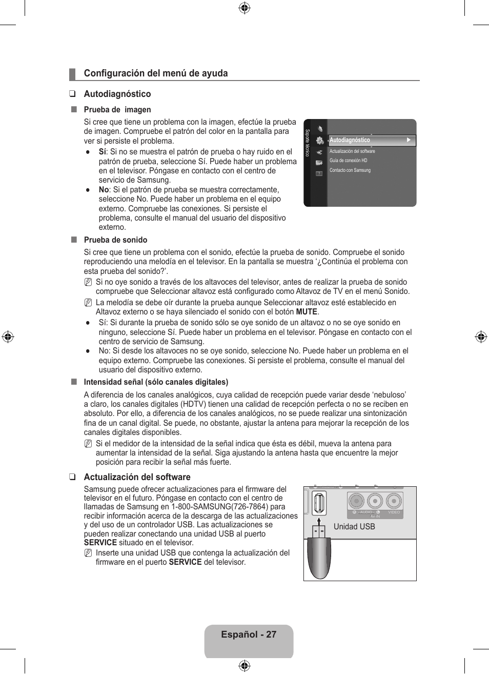 Configuración del menú de ayuda, Español - 27, Autodiagnóstico | Actualización del software, Unidad usb | Samsung LS23EMNKUY-ZA User Manual | Page 67 / 79