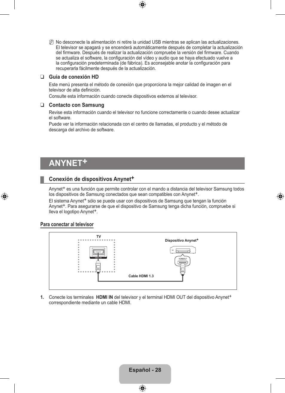 Anynet, Conexión de dispositivos anynet, Español - 28 | Guía de conexión hd, Contacto con samsung, Para conectar al televisor | Samsung LS23EMNKUY-ZA User Manual | Page 68 / 79