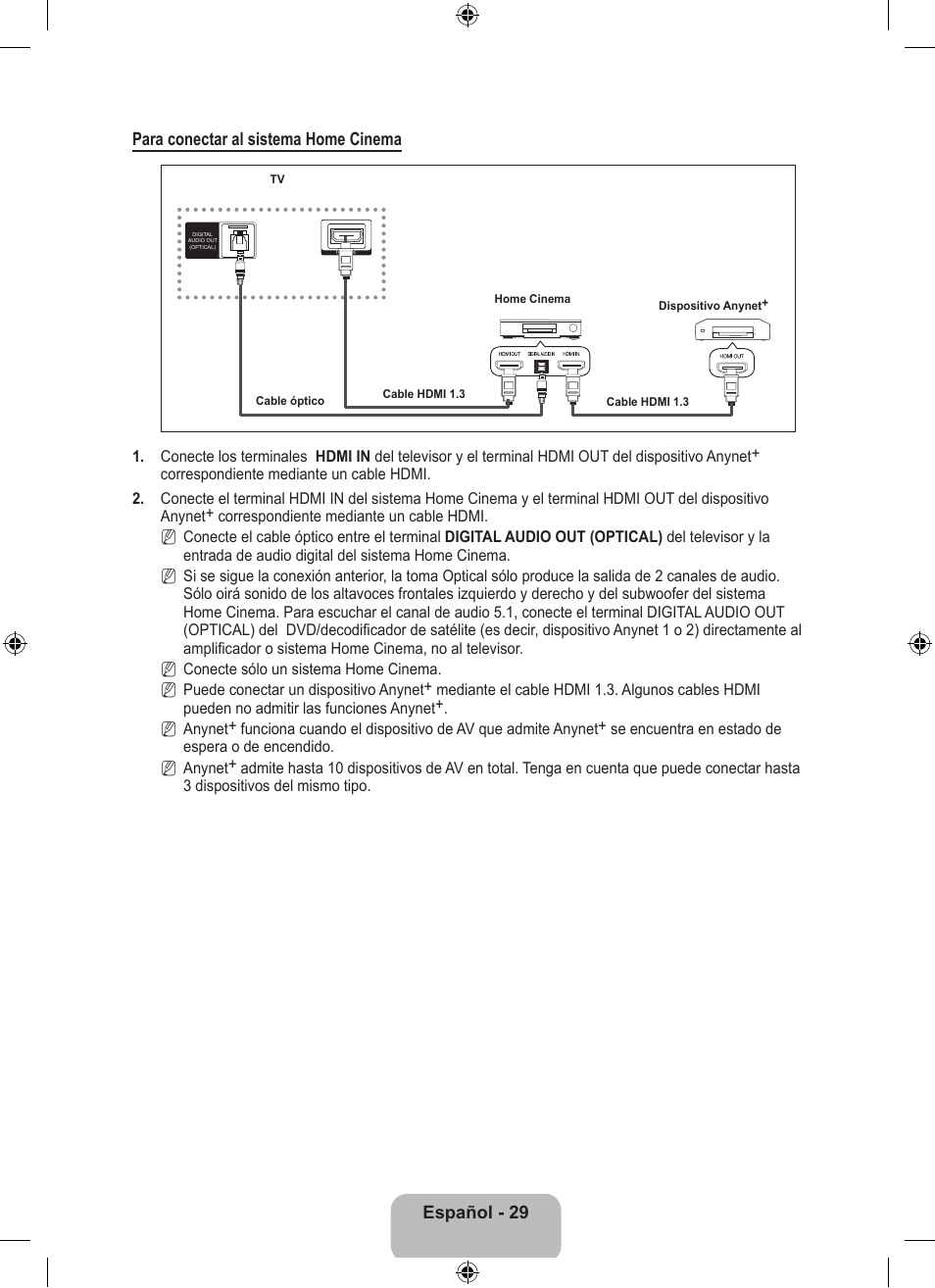 Español - 29 para conectar al sistema home cinema | Samsung LS23EMNKUY-ZA User Manual | Page 69 / 79