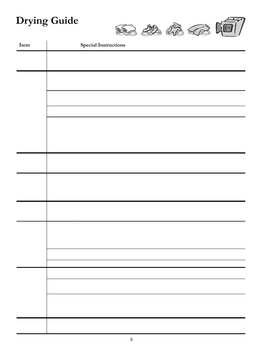 Drying guide, Item special instructions | Amana 40091502 User Manual | Page 8 / 12