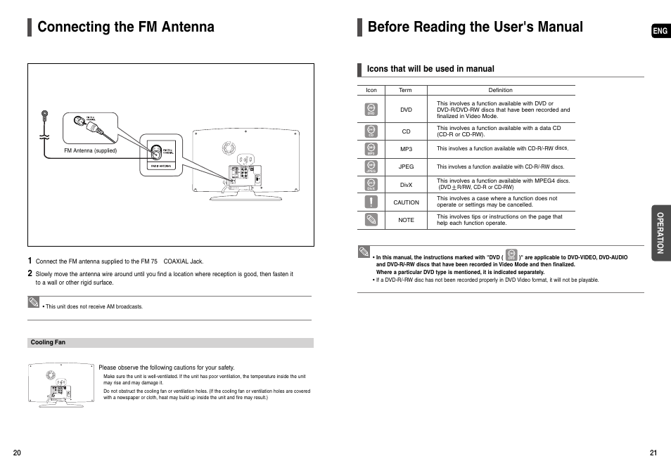Connecting the fm antenna, Before reading the user's manual, Icons that will be used in manual | Samsung HT-X200T-XAA User Manual | Page 11 / 31