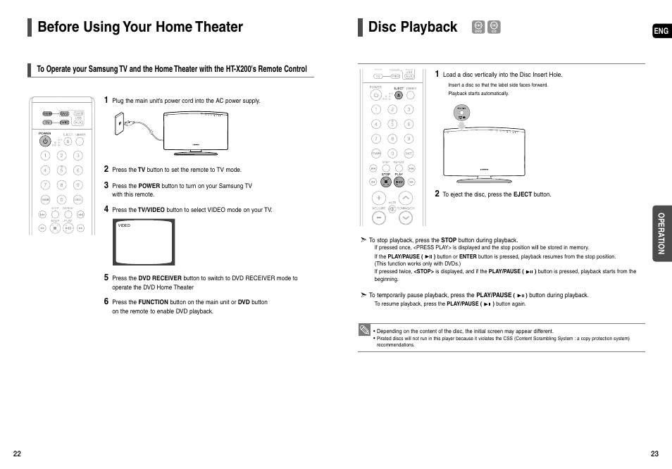 Before using your home theater, Disc playback | Samsung HT-X200T-XAA User Manual | Page 12 / 31