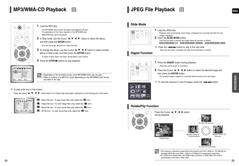 Mp3/wma-cd playback, Jpeg file playback, Slide mode 1 | Digest function, Rotate/flip function | Samsung HT-X200T-XAA User Manual | Page 13 / 31
