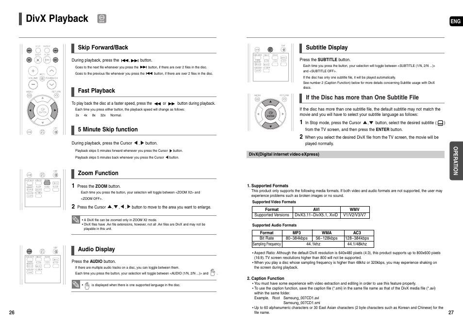Divx playback, Skip forward/back, 5 minute skip function | Fast playback 1, Zoom function, Audio display, If the disc has more than one subtitle file, Subtitle display | Samsung HT-X200T-XAA User Manual | Page 14 / 31