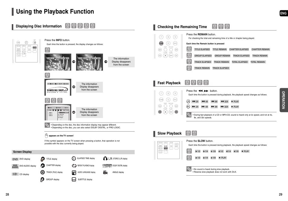 Using the playback function, Displaying disc information, Checking the remaining time | Fast playback, Slow playback, Eng opera tion | Samsung HT-X200T-XAA User Manual | Page 15 / 31