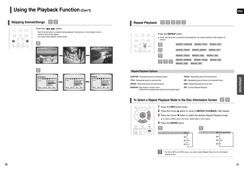 Using the playback function, Con’t), Skipping scenes/songs | Repeat playback, Eng opera tion | Samsung HT-X200T-XAA User Manual | Page 16 / 31