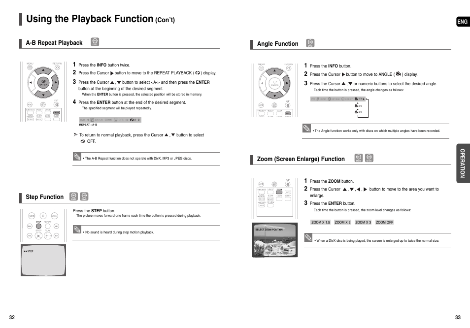 Using the playback function, Con’t), A-b repeat playback | Step function, Angle function, Zoom (screen enlarge) function | Samsung HT-X200T-XAA User Manual | Page 17 / 31