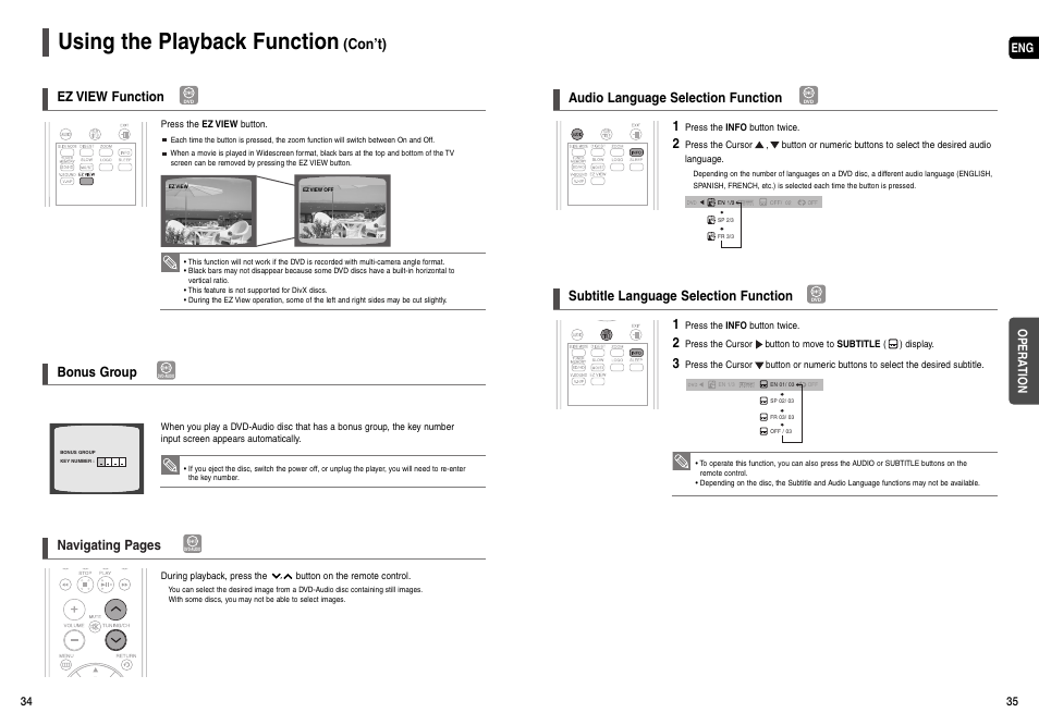 Using the playback function, Con’t), Ez view function | Bonus group, Navigating pages, Audio language selection function, Subtitle language selection function | Samsung HT-X200T-XAA User Manual | Page 18 / 31