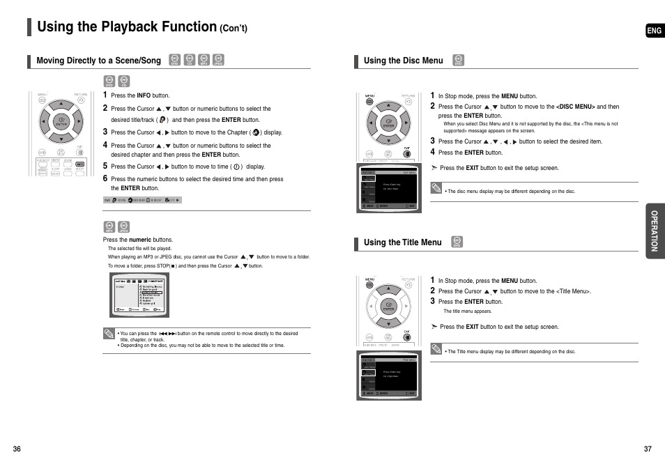 Using the playback function, Con’t), Moving directly to a scene/song 1 | Using the disc menu using the title menu | Samsung HT-X200T-XAA User Manual | Page 19 / 31