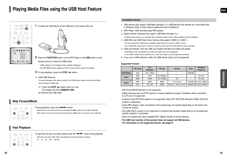 Playing media files using the usb host feature, Skip forward/back, Fast playback | Samsung HT-X200T-XAA User Manual | Page 20 / 31